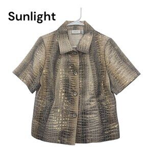 Chicos Women Metallic Croc Short Sleeve Button-Up Jacket SZ 2 US L  Gold-Silver
